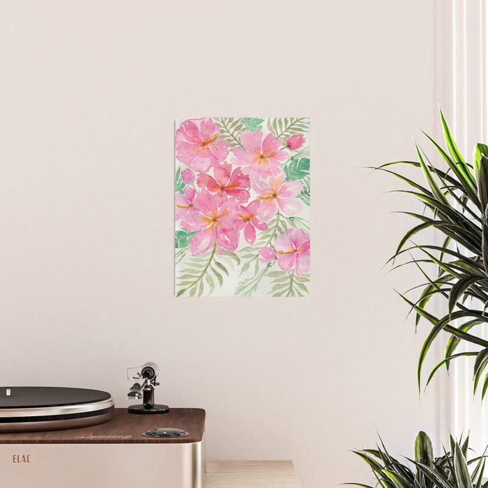 Tropical Pink Hibiscus Watercolor Flowers Poster Gallery Image 2