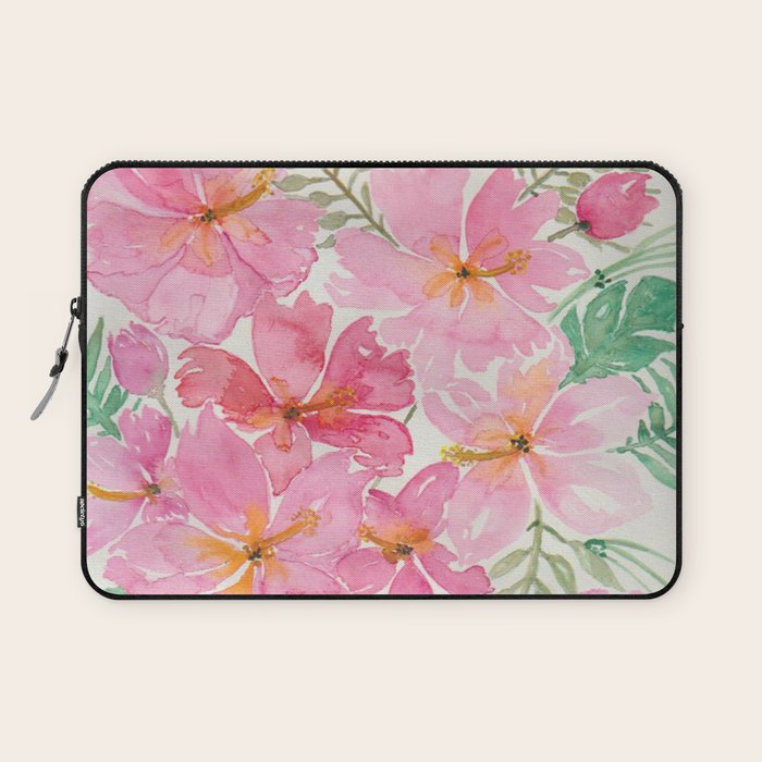 Tropical Pink Hibiscus Watercolor Flowers Laptop Sleeve Gallery Image 1