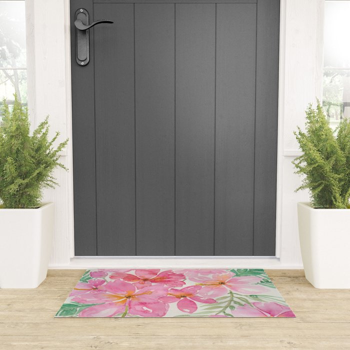 Tropical Pink Hibiscus Watercolor Flowers Welcome Mat Gallery Image 3