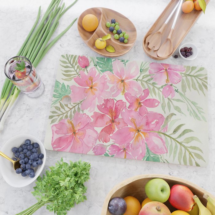Tropical Pink Hibiscus Watercolor Flowers Cutting Board Gallery Image 2