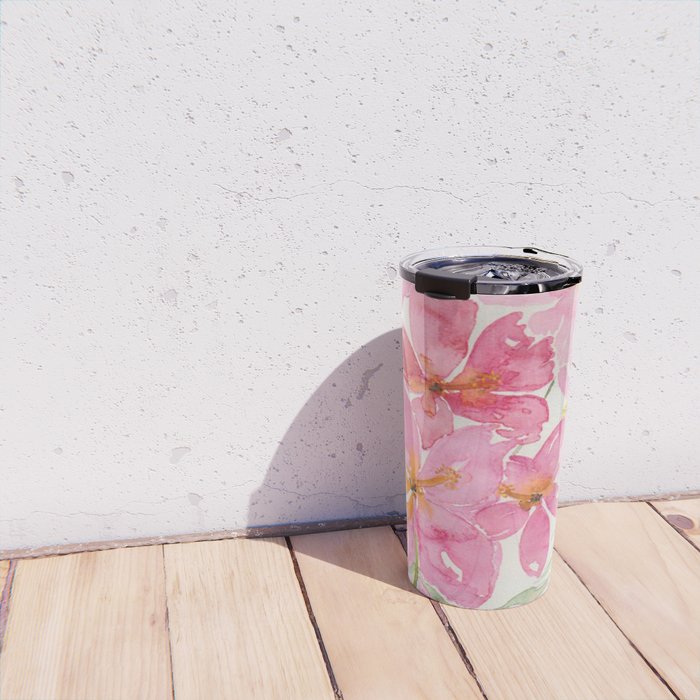 Tropical Pink Hibiscus Watercolor Flowers Travel Mug Gallery Image 4