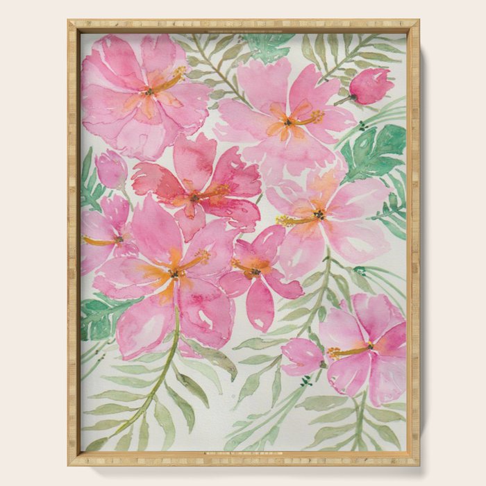 Tropical Pink Hibiscus Watercolor Flowers Serving Tray Gallery Image 1
