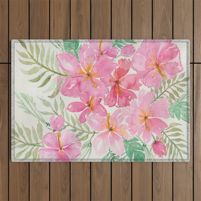 Tropical Pink Hibiscus Watercolor Flowers Outdoor Rug Gallery Image 1
