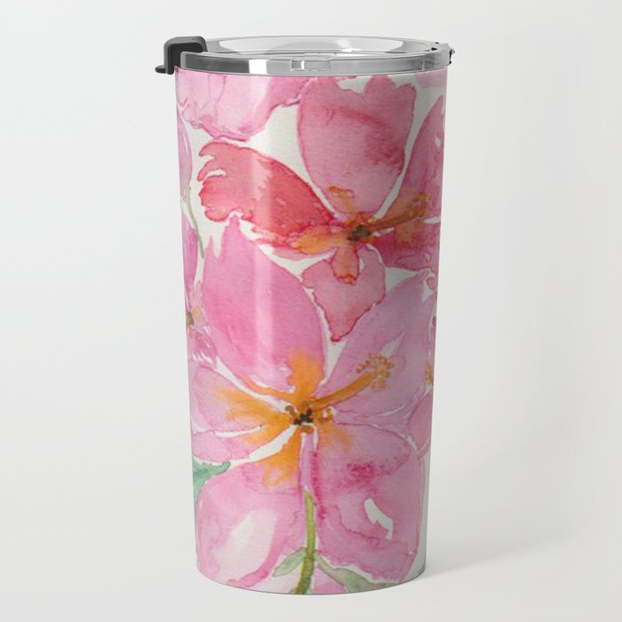 Tropical Pink Hibiscus Watercolor Flowers Travel Mug Gallery Image 3
