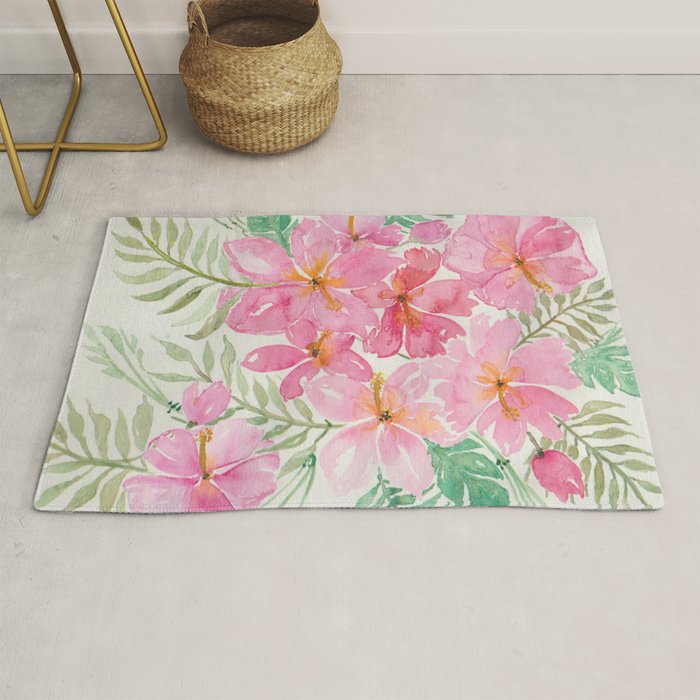 Tropical Pink Hibiscus Watercolor Flowers Rug Gallery Image 1