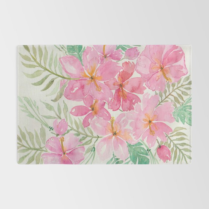 Tropical Pink Hibiscus Watercolor Flowers Rug Gallery Image 2