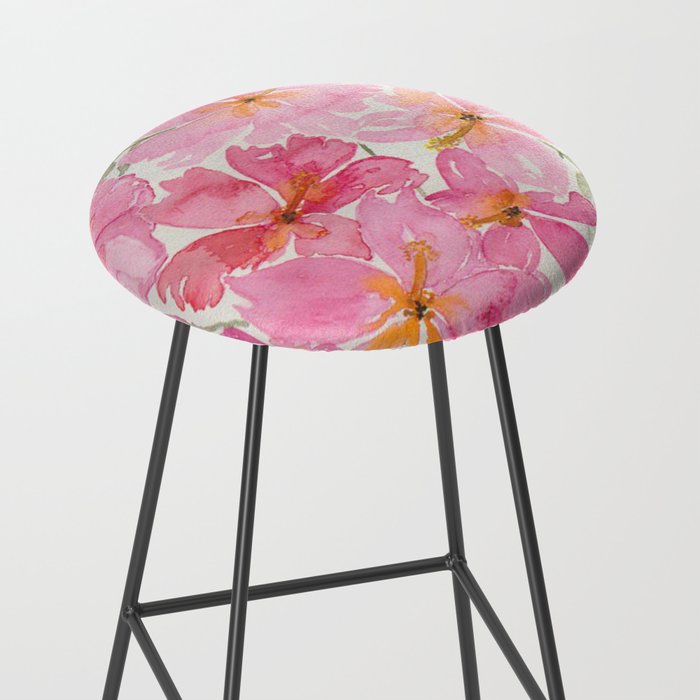 Tropical Pink Hibiscus Watercolor Flowers Stool Gallery Image 2