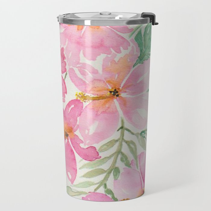 Tropical Pink Hibiscus Watercolor Flowers Travel Mug Gallery Image 2