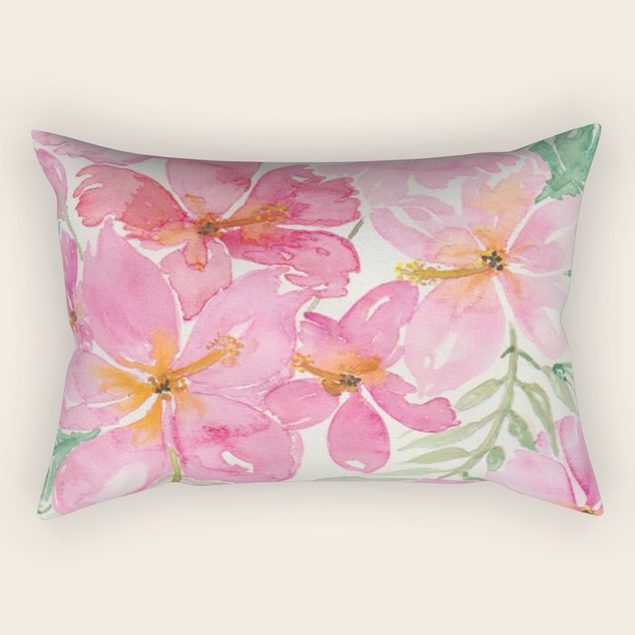 Tropical Pink Hibiscus Watercolor Flowers Rectangular Pillow Gallery Image 2