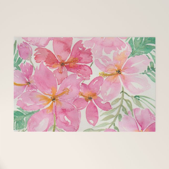 Tropical Pink Hibiscus Watercolor Flowers Welcome Mat Gallery Image 1