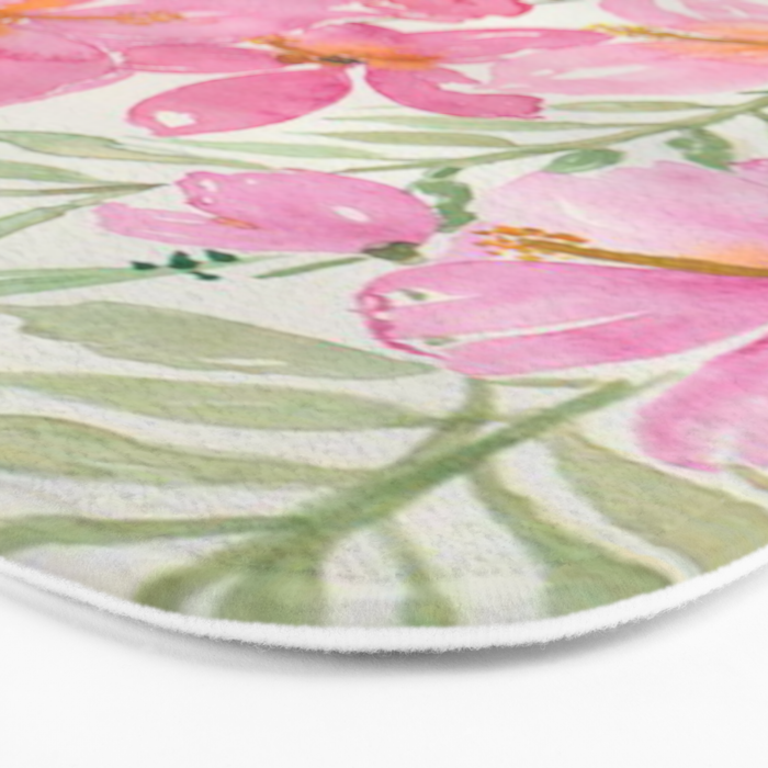 Tropical Pink Hibiscus Watercolor Flowers Bath Mat Gallery Image 3