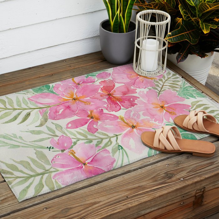 Tropical Pink Hibiscus Watercolor Flowers Outdoor Rug Gallery Image 2