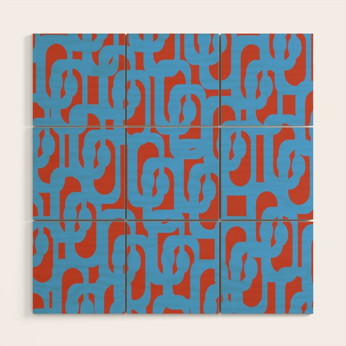 Mid Century Modern Contemporary Loop Pattern Blue and Red Wood Wall Art Gallery Image 1