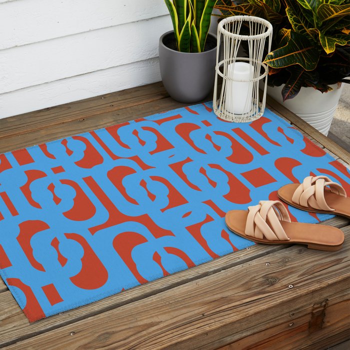 Mid Century Modern Contemporary Loop Pattern Blue and Red Outdoor Rug Gallery Image 2