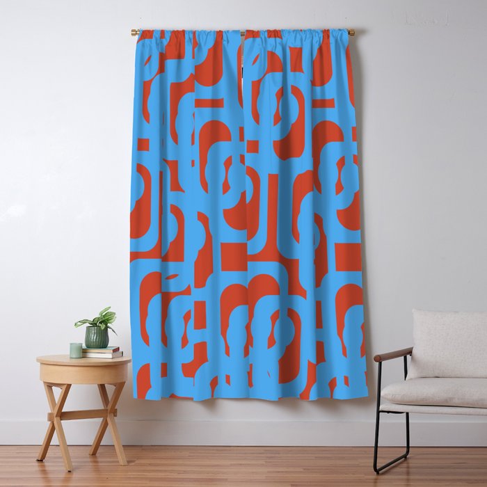 Mid Century Modern Contemporary Loop Pattern Blue and Red Window Curtain Gallery Image 5