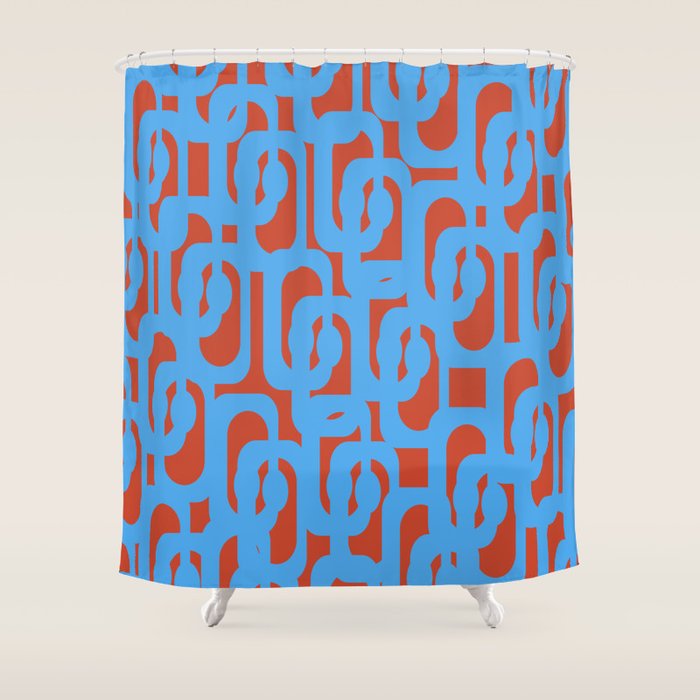 Mid Century Modern Contemporary Loop Pattern Blue and Red Shower Curtain Gallery Image 1