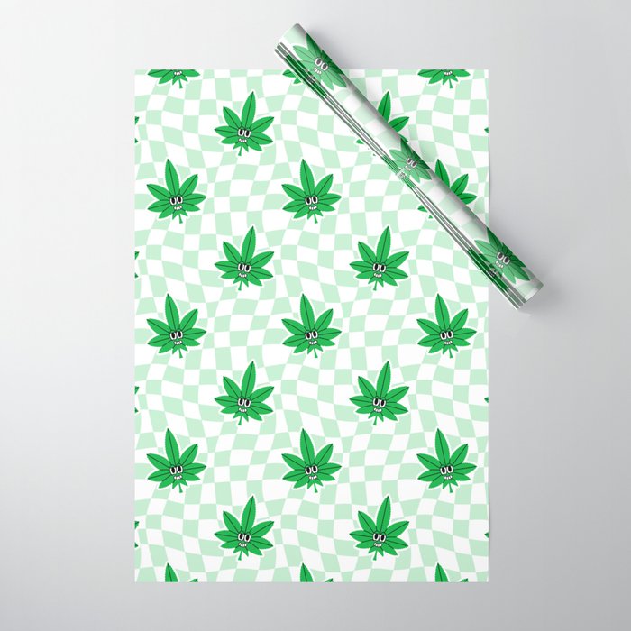 Funny retro weed leaf cartoon sticker pattern Wrapping Paper Gallery Image 1