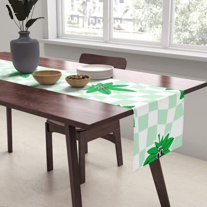 Funny retro weed leaf cartoon sticker pattern Table Runner Gallery Image 2