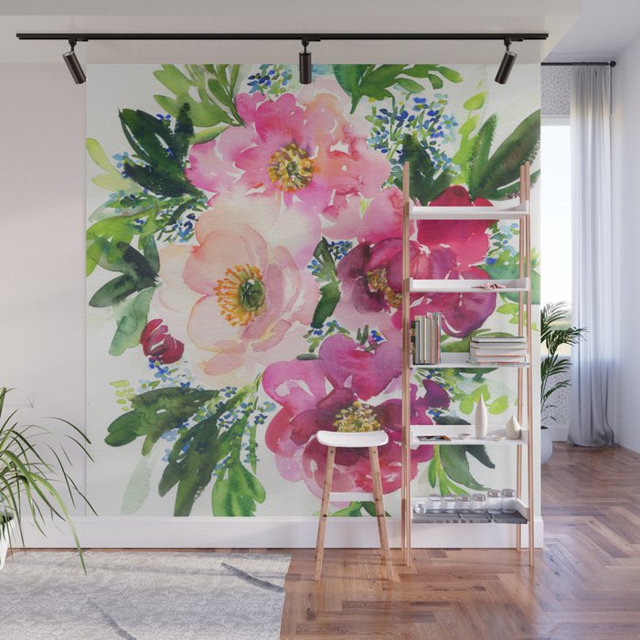 5 pink peonies in watercolor Wall Mural Gallery Image 1