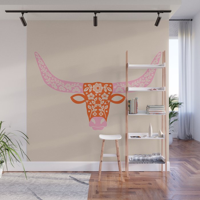 Floral Longhorn - Pink and Orange Wall Mural Gallery Image 1