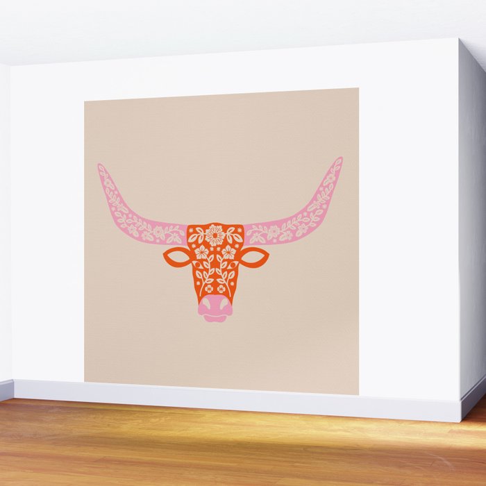 Floral Longhorn - Pink and Orange Wall Mural Gallery Image 2