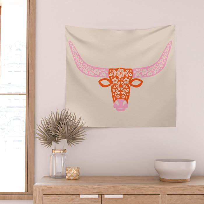 Floral Longhorn - Pink and Orange Wall Tapestry Gallery Image 2