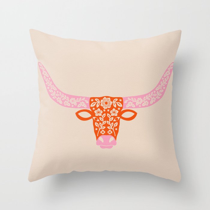 Floral Longhorn - Pink and Orange Throw Pillow Gallery Image 1