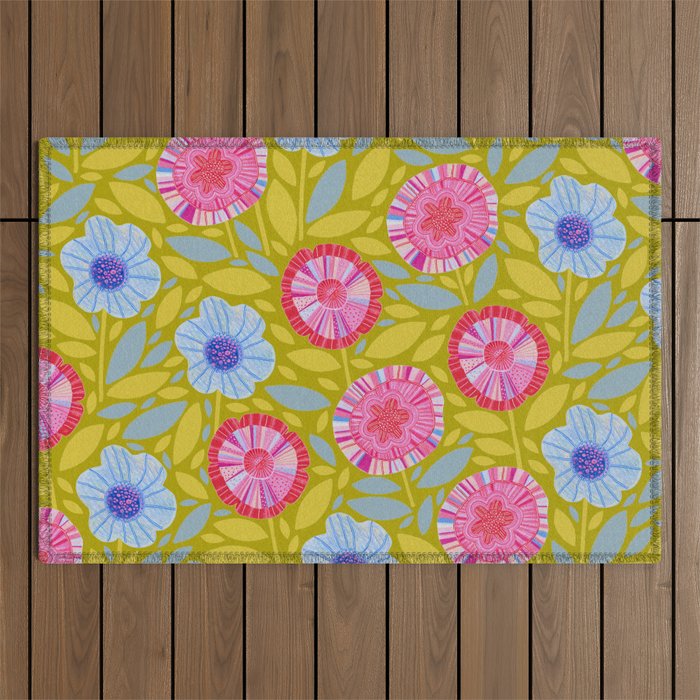 Folk Floral Blossoms in Moss Green Outdoor Rug Gallery Image 1