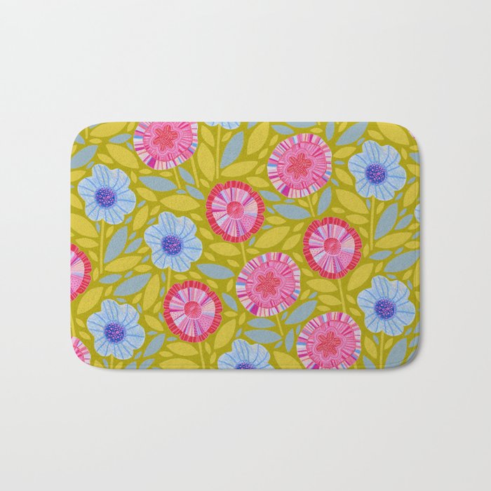 Folk Floral Blossoms in Moss Green Bath Mat Gallery Image 1