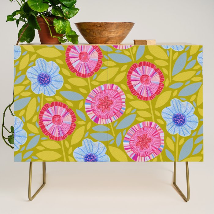 Folk Floral Blossoms in Moss Green Credenza Gallery Image 1