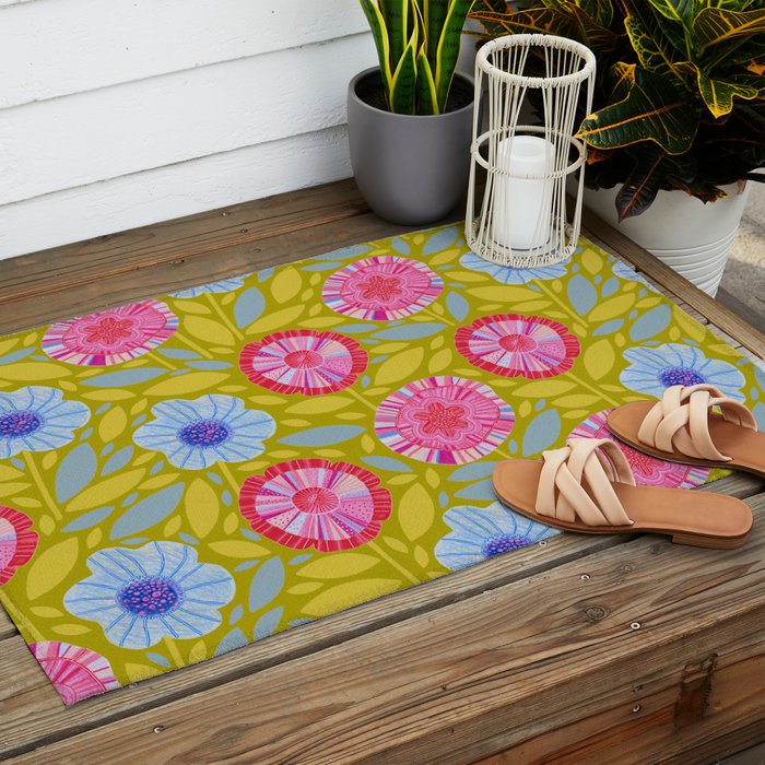 Folk Floral Blossoms in Moss Green Outdoor Rug Gallery Image 2