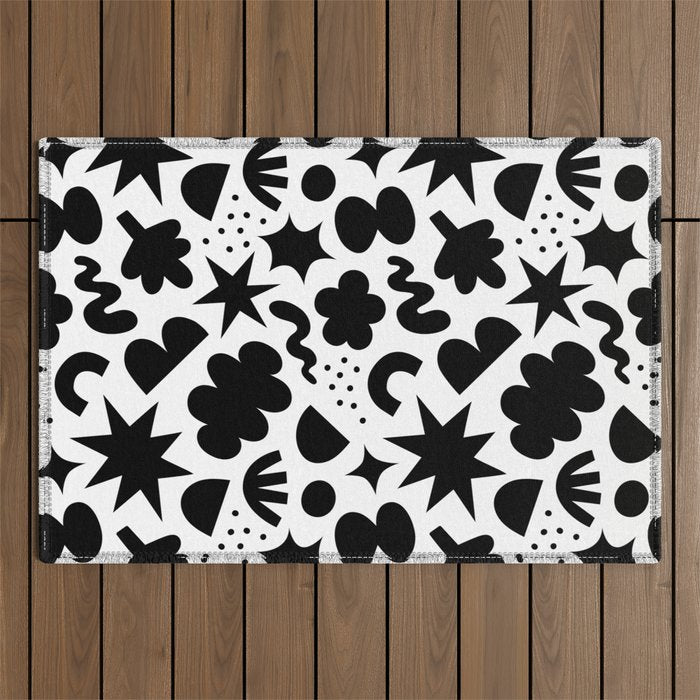 Abstract black and white organic shape pattern Outdoor Rug Gallery Image 1