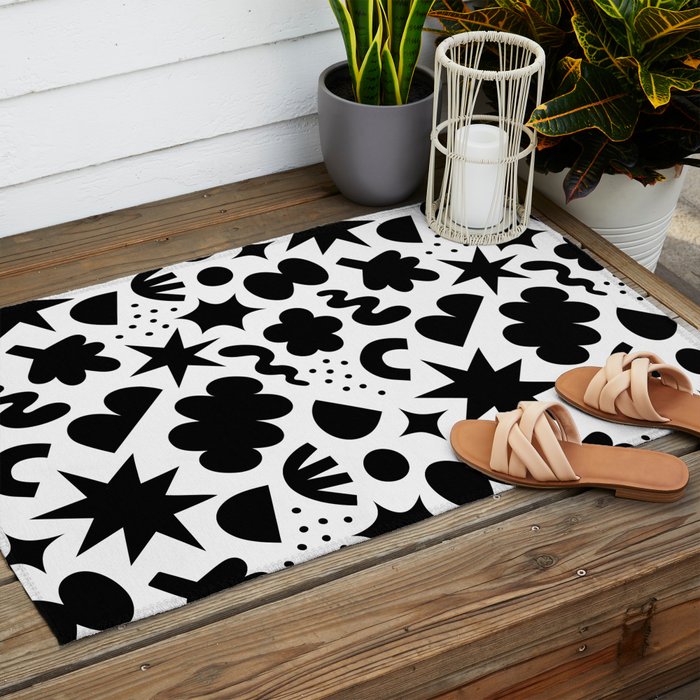 Abstract black and white organic shape pattern Outdoor Rug Gallery Image 2