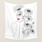 Minimal Line Art Girl with Sunflowers Wall Tapestry Gallery Image 4