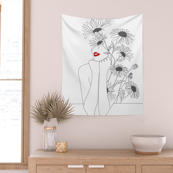 Minimal Line Art Girl with Sunflowers Wall Tapestry Gallery Image 2