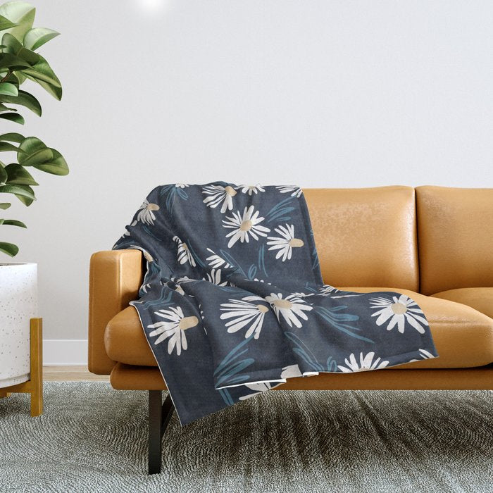 Daisy Florals on Navy Throw Blanket Gallery Image 1