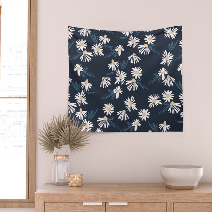 Daisy Florals on Navy Wall Tapestry Gallery Image 2