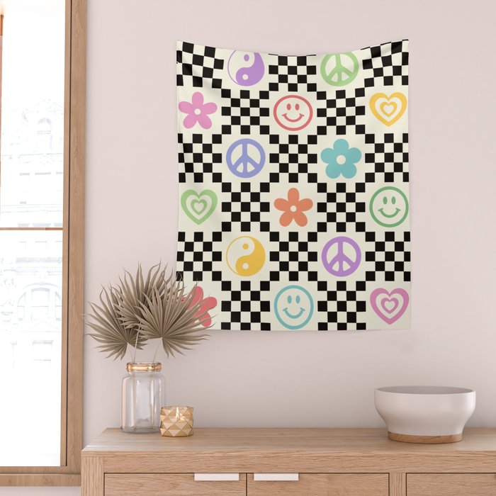 Retro Colorful Nostalgia Double Checker Wall Tapestry Gallery Image 2