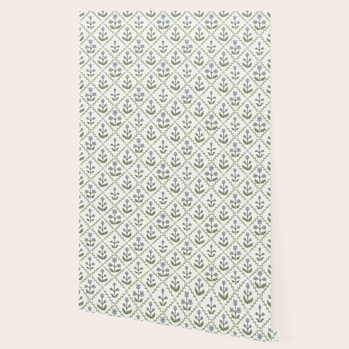Lattice Block Print Floral - Blue Green Wallpaper Gallery Image 2