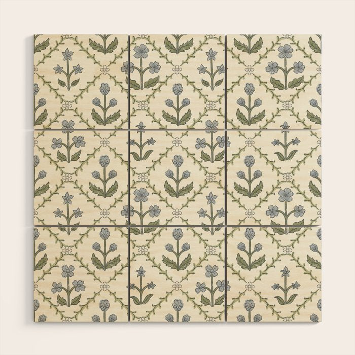 Lattice Block Print Floral - Blue Green Wood Wall Art Gallery Image 1