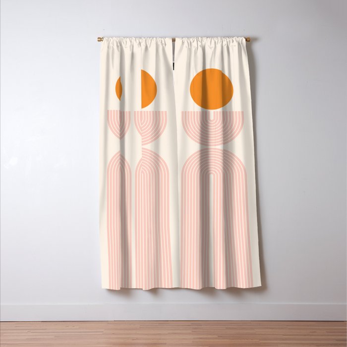 Mid Century Modern Geometric 43 in Coral Orange (Rainbow and Sun Abstraction) Window Curtain Gallery Image 3