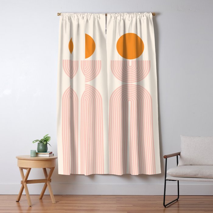 Mid Century Modern Geometric 43 in Coral Orange (Rainbow and Sun Abstraction) Window Curtain Gallery Image 1