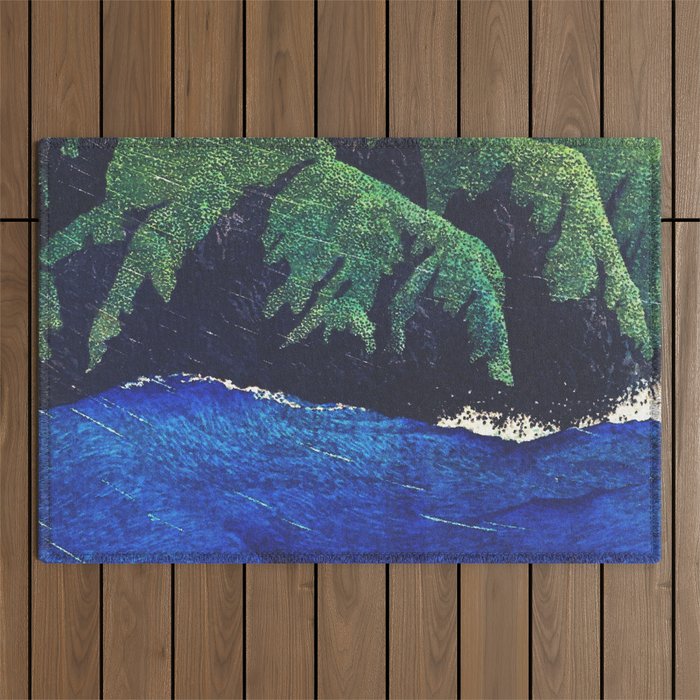 Haka Shore - Nature Ukiyo Landscape in Green & Blue Outdoor Rug Gallery Image 1