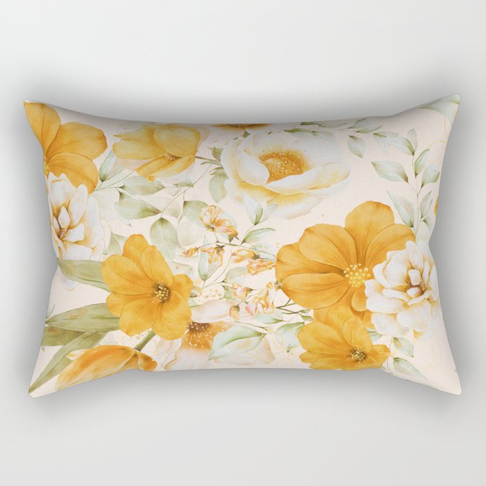 Yellow Florals with Painted Speckles on Cream Rectangular Pillow Gallery Image 1