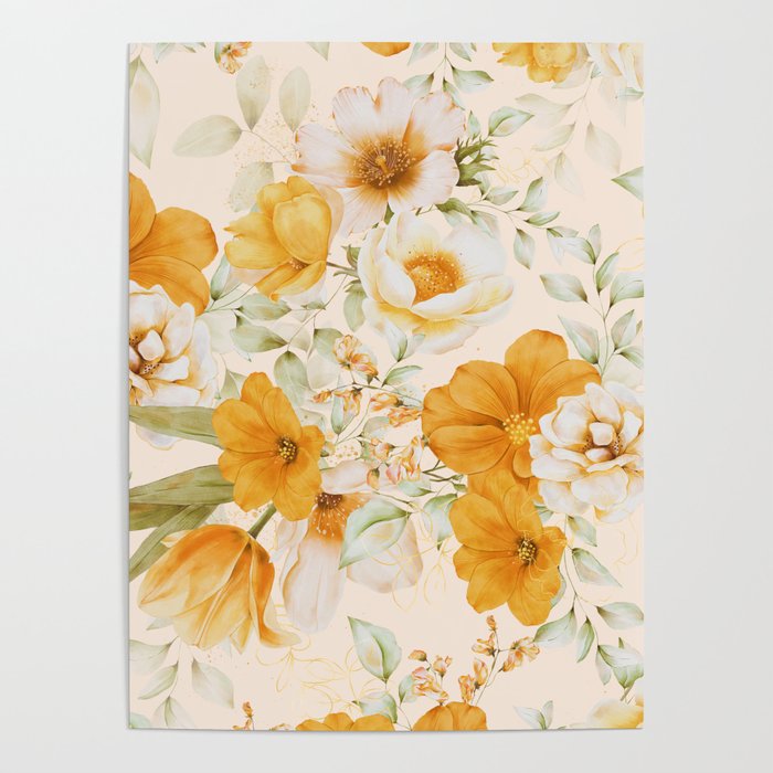 Yellow Florals with Painted Speckles on Cream Poster Gallery Image 4