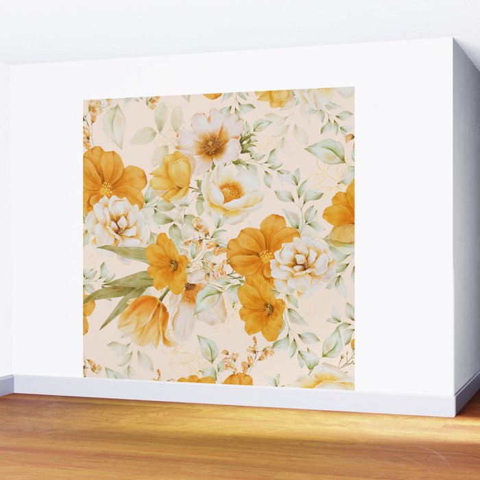 Yellow Florals with Painted Speckles on Cream Wall Mural Gallery Image 2
