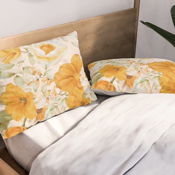 Yellow Florals with Painted Speckles on Cream Pillow Sham Gallery Image 2