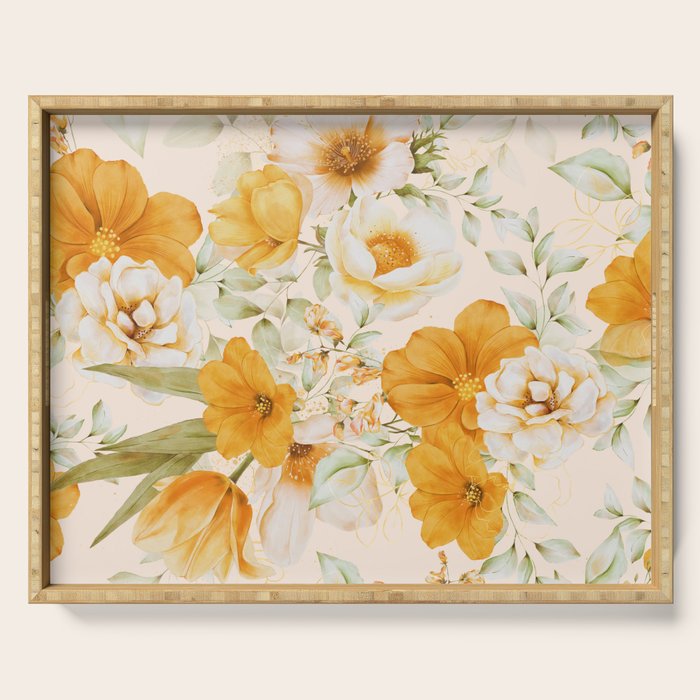Yellow Florals with Painted Speckles on Cream Serving Tray Gallery Image 1
