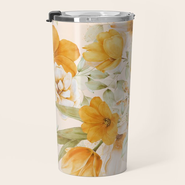 Yellow Florals with Painted Speckles on Cream Travel Mug Gallery Image 3