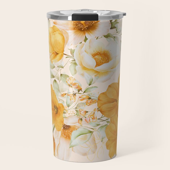 Yellow Florals with Painted Speckles on Cream Travel Mug Gallery Image 1